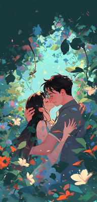 森林花丛里情侣拥抱亲吻爱情手绘插画，情人节