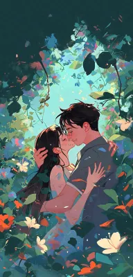 森林花丛里情侣拥抱亲吻爱情手绘插画，情人节