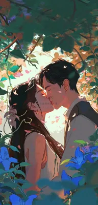 森林花丛里情侣拥抱亲吻爱情手绘插画，情人节