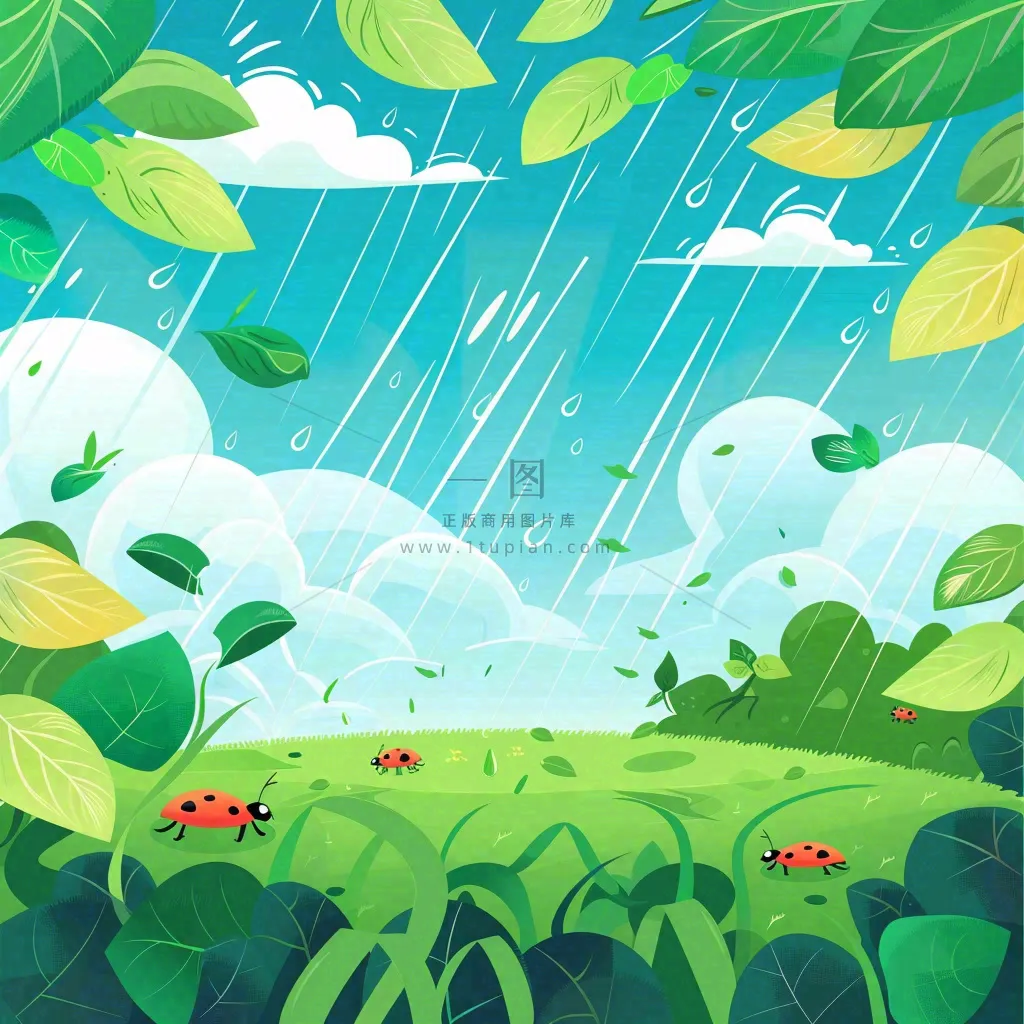 惊蛰雨水谷雨春天卡通手绘插画瓢虫昆虫绿色花草卡通插画背景