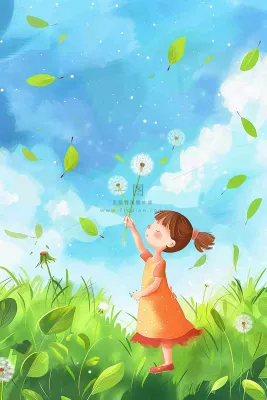 春天蒲公英绿草地蓝天白云红裙子女孩小清新唯美立春春分惊蛰立夏卡通插画背景 春天蒲公英绿草地蓝天白云红裙子女孩小清新唯美立春春分惊蛰立夏卡通插画背景