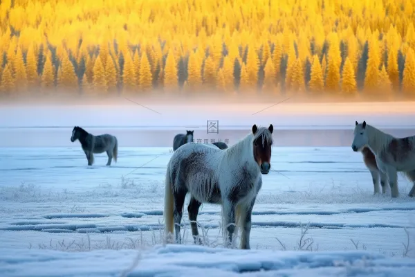 冬季白雪覆盖山体马动物放养摄影图