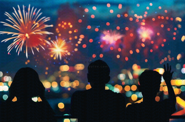 烟花绽放节日人物剪影背景庆祝小年除夕夜背景