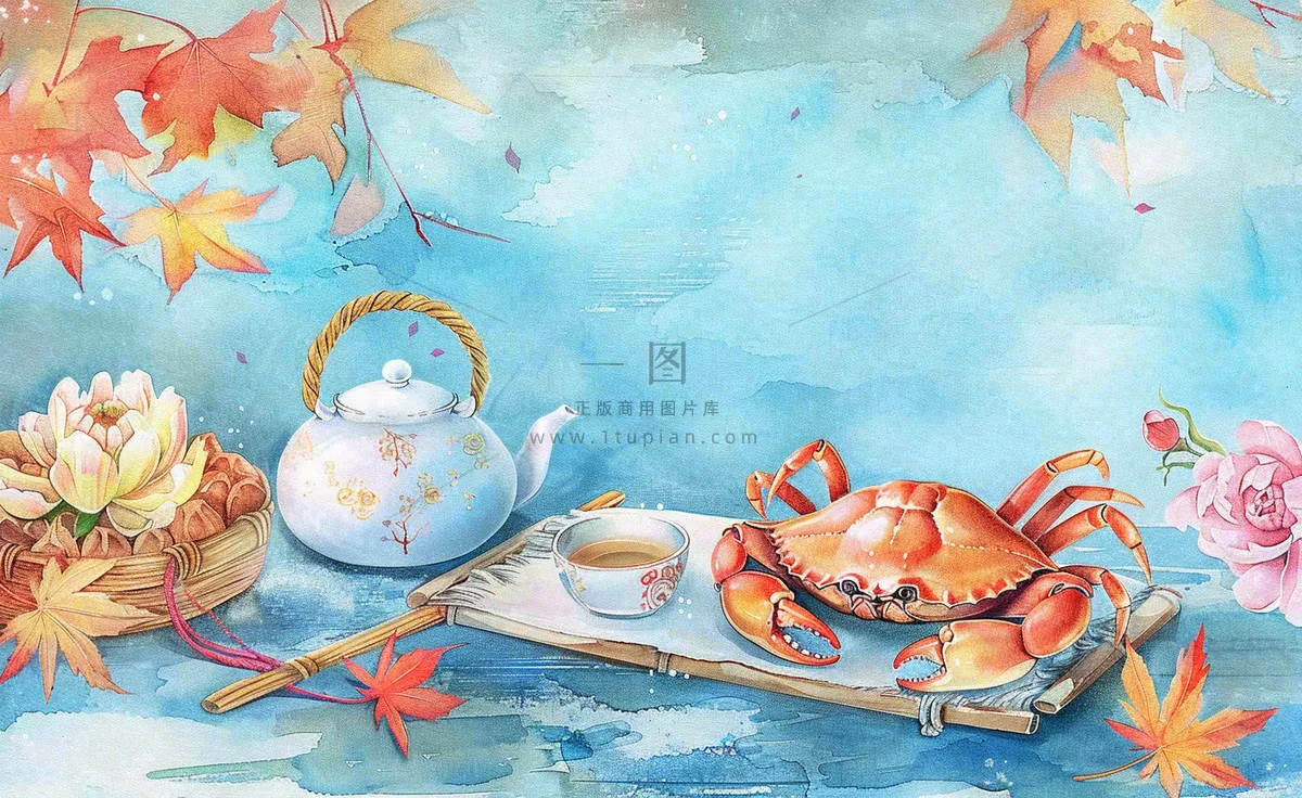 金秋螃蟹红枫叶茶壶水面涟漪中秋重阳秋分寒露水墨水彩插画背景