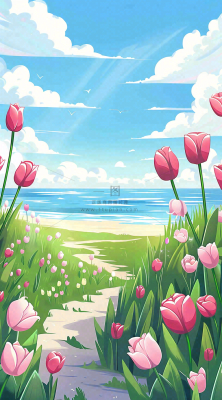 春天海边晴天蓝天白云郁金香春分插画背景 春天海边晴天蓝天白云郁金香春分插画背景