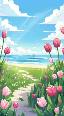 春天海边晴天蓝天白云郁金香春分插画背景 春天海边晴天蓝天白云郁金香春分插画背景
