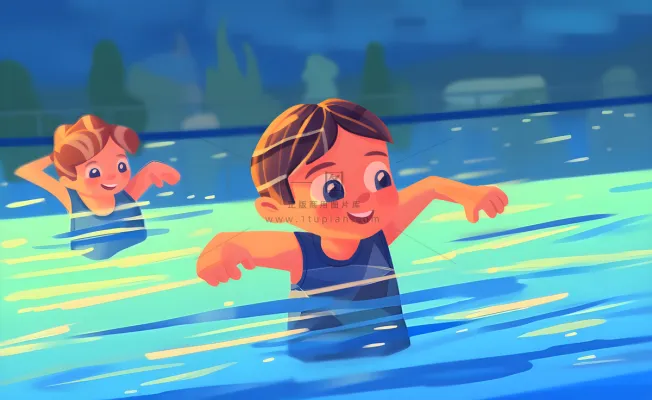 游泳池游泳儿童学生们玩乐蓝色卡通插画背景 游泳池游泳儿童学生们玩乐蓝色卡通插画背景