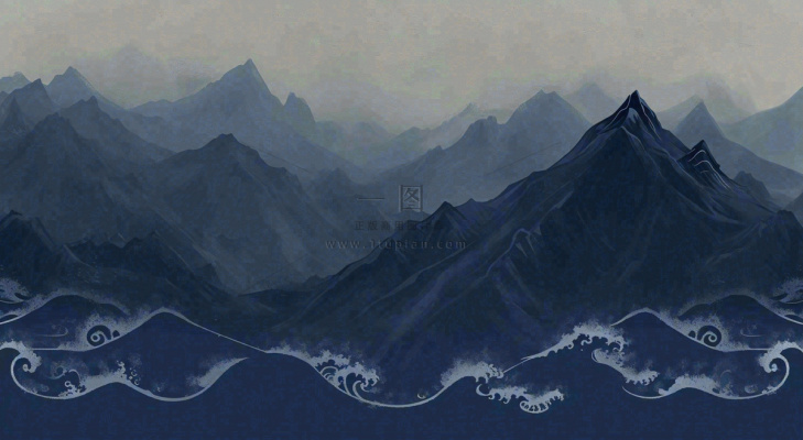 中国风意境山脉雪山海浪蓝色云层，末日暗黑恐怖