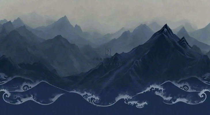 中国风意境山脉雪山海浪蓝色云层，末日暗黑恐怖