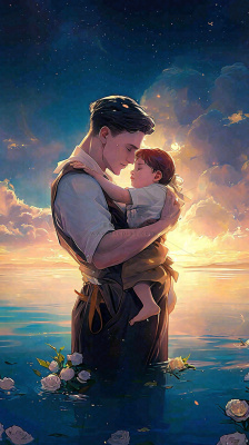 父爱父亲节海边落日温馨爱意浪漫插画