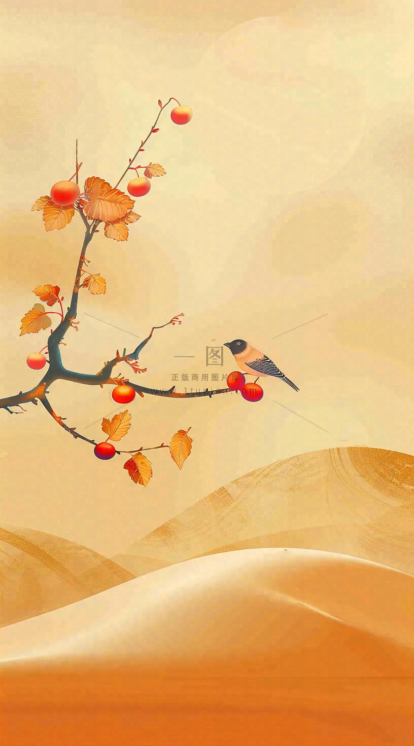 秋冬柿子树上的小鸟黄色插画霜降背景