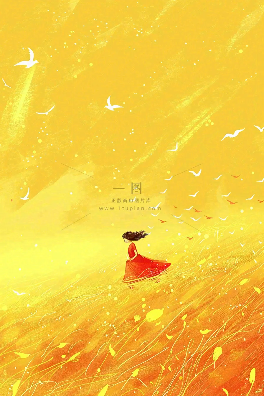 秋天金黄背景花丛红裙子少女白鹭立秋秋分白露插画背景