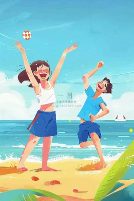 夏至海边沙滩度假玩乐小暑大暑节气插画背景