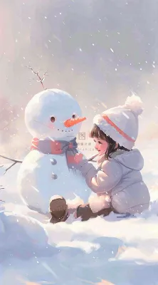 冬季白雪地堆雪人的小女孩可爱唯美大雪小雪冬至卡通插画背景 冬季白雪地堆雪人的小女孩可爱唯美大雪小雪冬至卡通插画背景