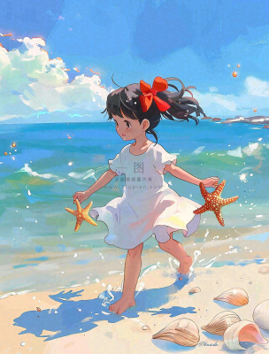 夏日蓝色海边沙滩女孩捡贝壳海鲜户外活动小暑大暑处暑卡通插画背景