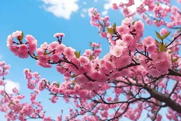 蓝天白云粉色树枝花朵樱花摄影海报素材背景