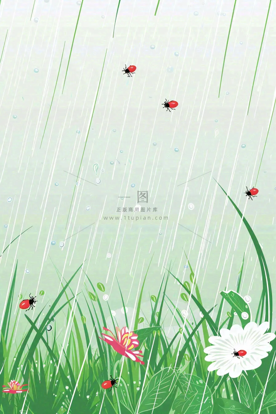 春天草丛花丛昆虫下雨天雨水惊蛰谷雨卡通插画背景