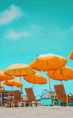 夏日沙滩椅阳光灿烂，夏季暑期海边小暑大暑夏至