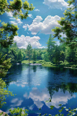 夏天晴天湖泊森林倒影摄影图
