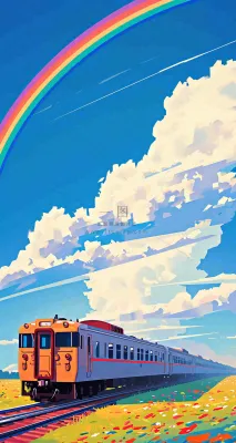 蓝天白云户外铁路草地彩虹手绘，色彩缤纷