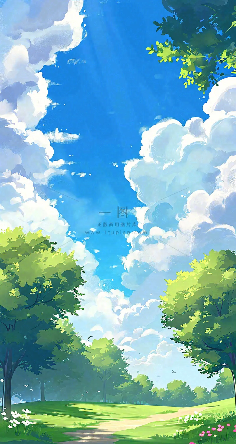 蓝天白云小花绿树树木草地插画手绘,春天春分