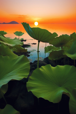 傍晚荷叶河边意境背景