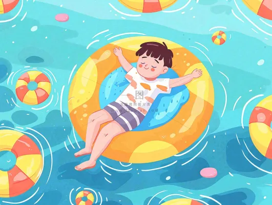夏天游泳泳池人物游泳男孩蓝色背景泳圈夏日运动小暑大暑夏至立夏卡通插画背景 夏天游泳泳池人物游泳男孩蓝色背景泳圈夏日运动小暑大暑夏至立夏卡通插画背景