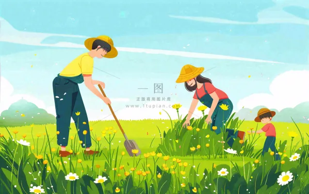 春天一家人在种花植树花丛浇水小满卡通插画背景