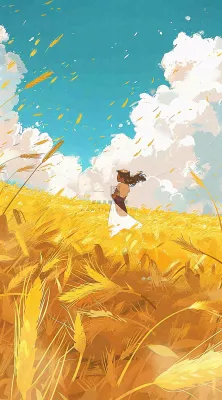 秋天金色麦田女孩蓝天秋收立秋秋分处暑芒种插画背景 秋天金色麦田女孩蓝天秋收立秋秋分处暑芒种插画背景
