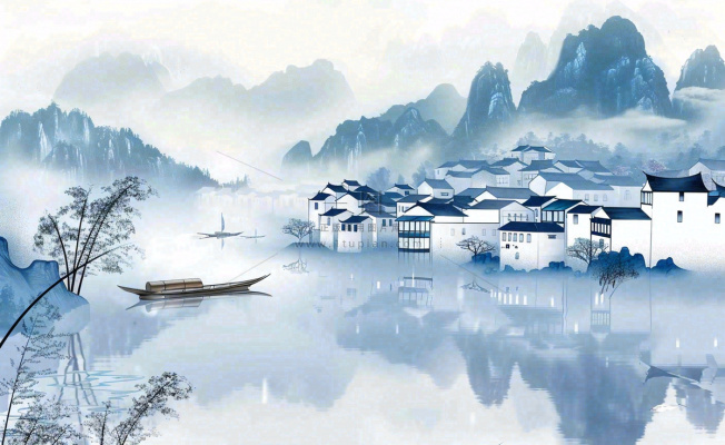 水墨山水江南水乡屋檐白露寒露冷清插画背景