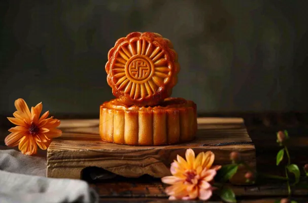 中国传统美食月饼中秋节菊花摆盘黑色背景摄影图