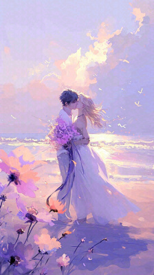 海边爱情情侣浪漫拥抱接吻，情人节婚纱照手绘插画