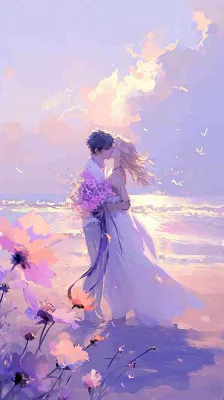 海边爱情情侣浪漫拥抱接吻，情人节婚纱照手绘插画