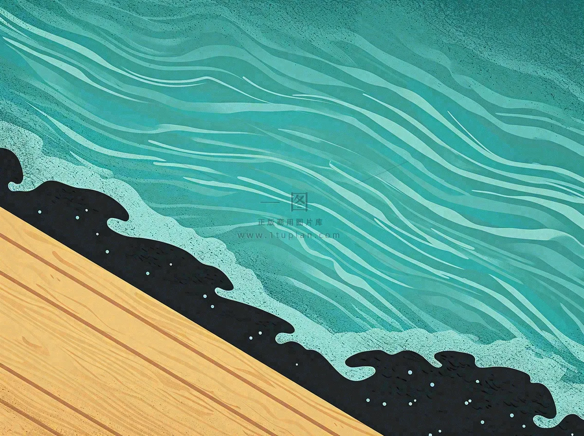 海边清爽扁平条纹插画手绘，海浪夏日