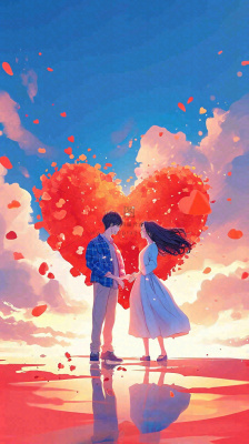 情人节浪漫情人爱心落日蓝天唯美,情侣亲吻爱情,卡通手绘插画 情人节浪漫情人爱心落日蓝天唯美,情侣亲吻爱情,卡通手绘插画