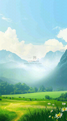 春天郊外露营旅行山脉蓝天白云草坪草地花丛，清新自然，惊蛰春分