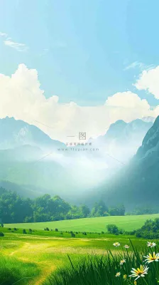 春天郊外露营旅行山脉蓝天白云草坪草地花丛，清新自然，惊蛰春分