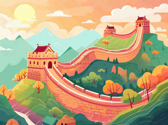 万里长城中国山河国潮插画北京旅游景点八一建军节红色文化卡通插画背景
