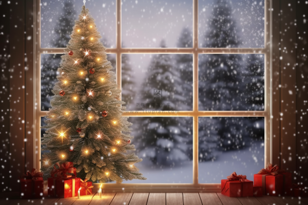 圣诞装饰喜庆礼物红色窗外下雪摄影图