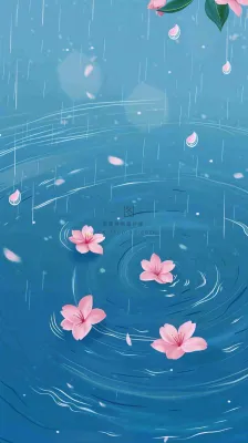 雨天雨滴低落水面泛起涟漪粉色花朵雨水谷雨寒露背景