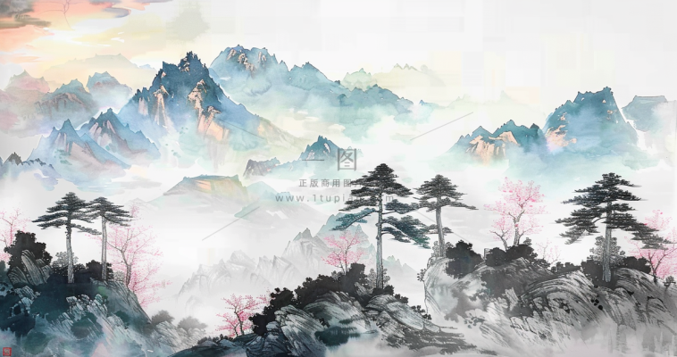 水墨祖国山河磅礴气势青山国画插画背景