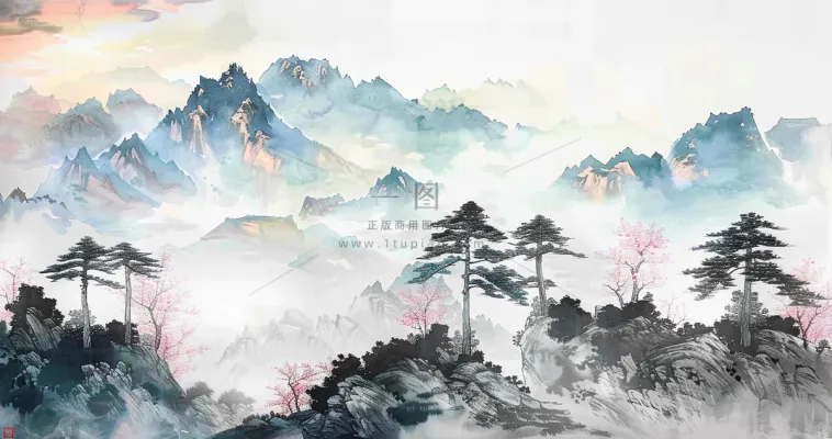 水墨祖国山河磅礴气势青山国画插画背景