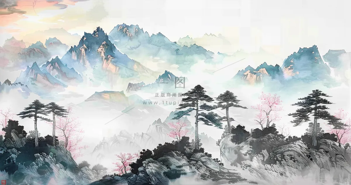 水墨祖国山河磅礴气势青山国画插画背景