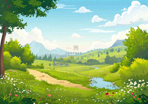 春日旅行草坪草丛花朵河流小溪野外郊游插画，春分