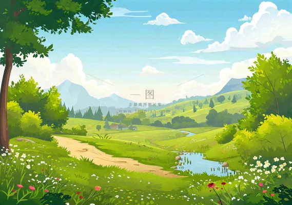 春日旅行草坪草丛花朵河流小溪野外郊游插画,春分 春日旅行草坪草丛花朵河流小溪野外郊游插画,春分