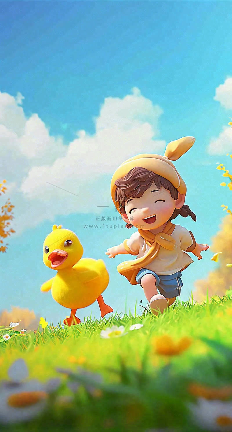 儿童节可爱鸭子奔跑,蓝天白云草地童真玩耍,清新插画