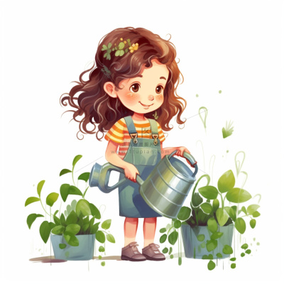 春夏小女孩在给绿植浇水插画海报素材背景