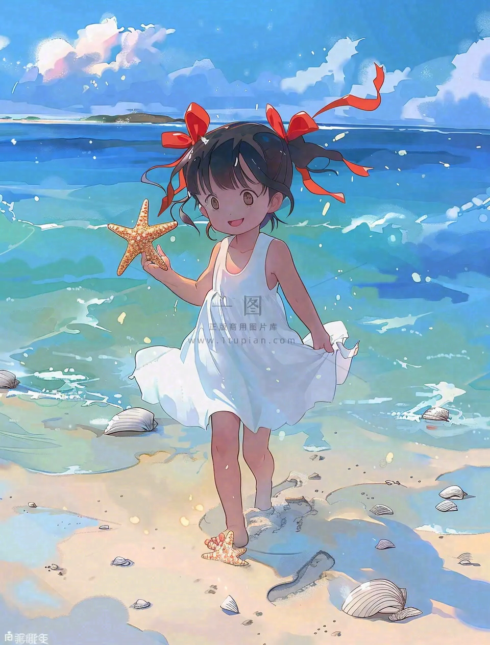 夏日蓝色海边沙滩女孩捡贝壳海鲜户外活动小暑大暑处暑卡通插画背景