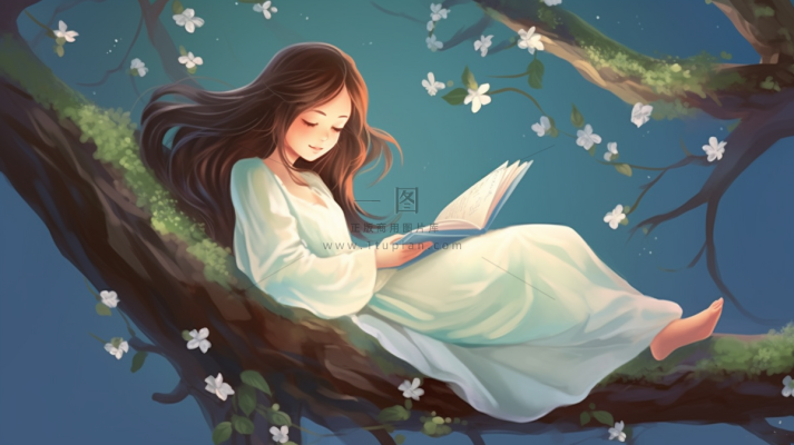 少女女孩穿着白色裙子躺着树干看书树枝盛开的花朵卡通插画