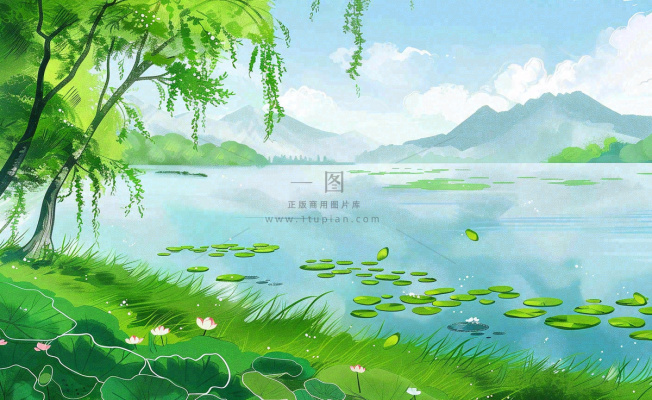 春夏风景湖泊荷花柳树立夏小暑夏至插画背景